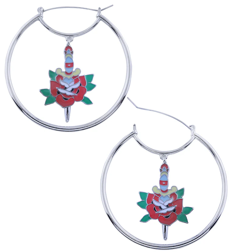 Dagger Red Rose Stainless Steel Plug Hoops - Image 3