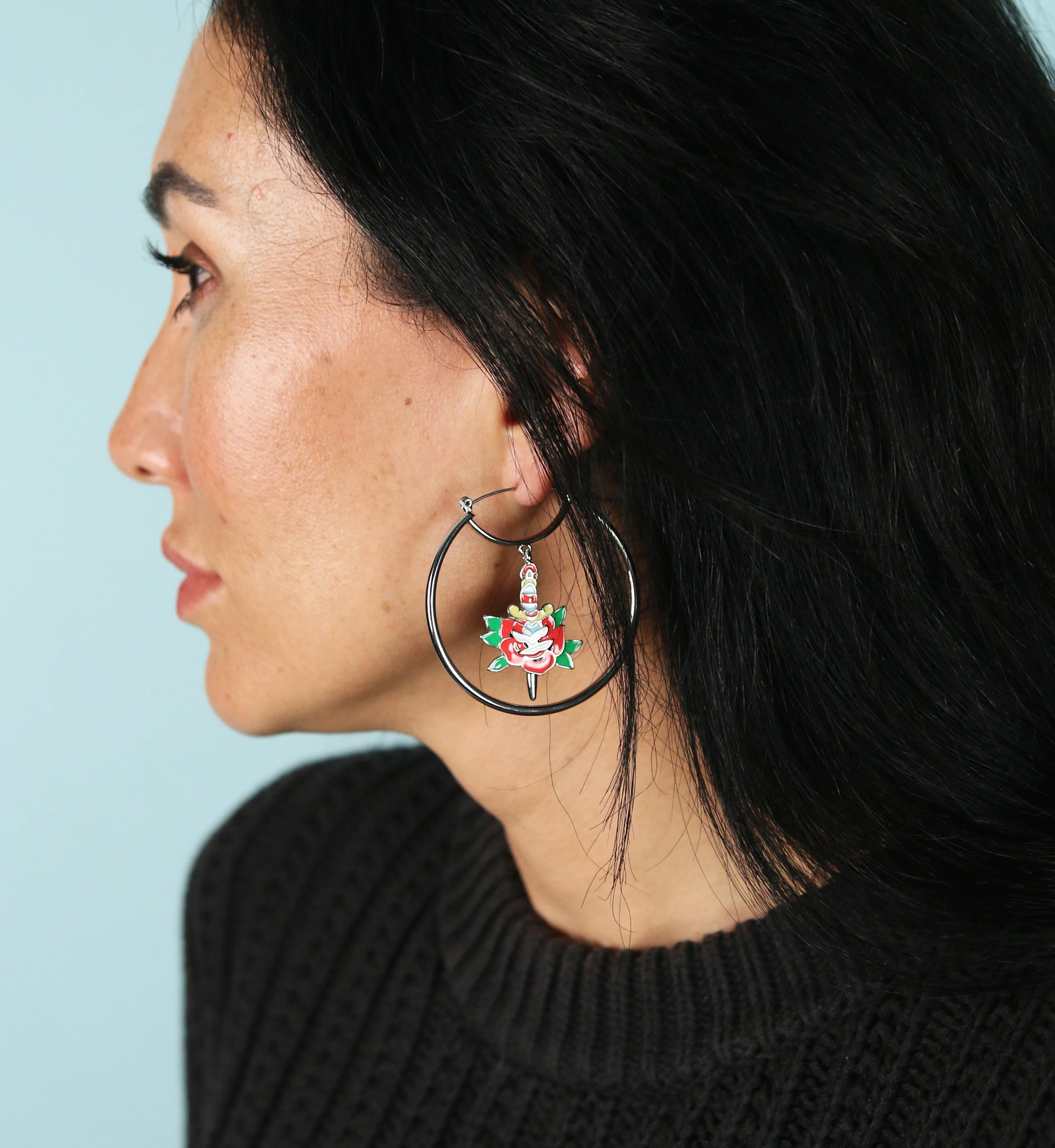 Dagger Red Rose Stainless Steel Plug Hoops - Image 4