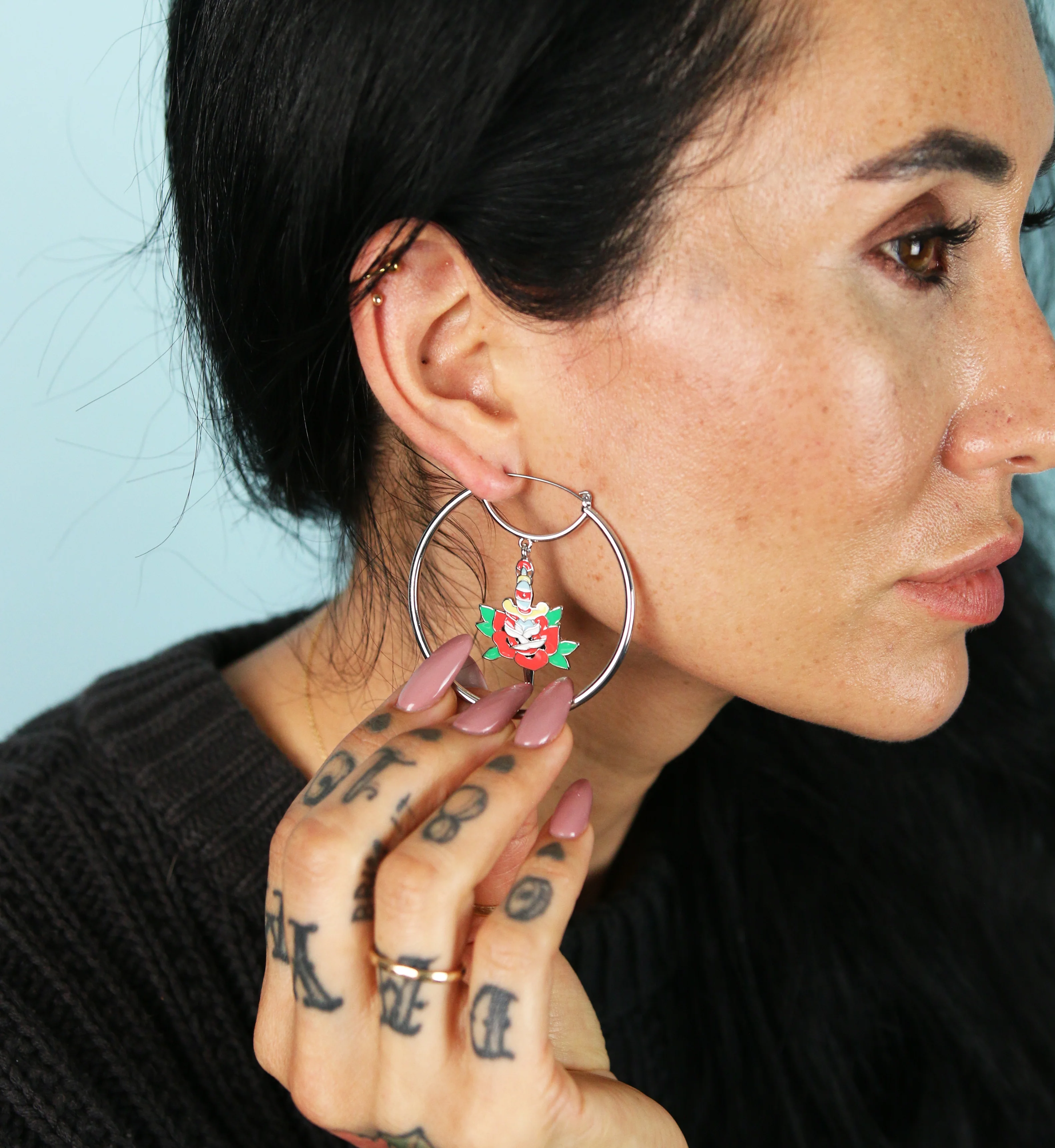 Dagger Red Rose Stainless Steel Plug Hoops - Image 7