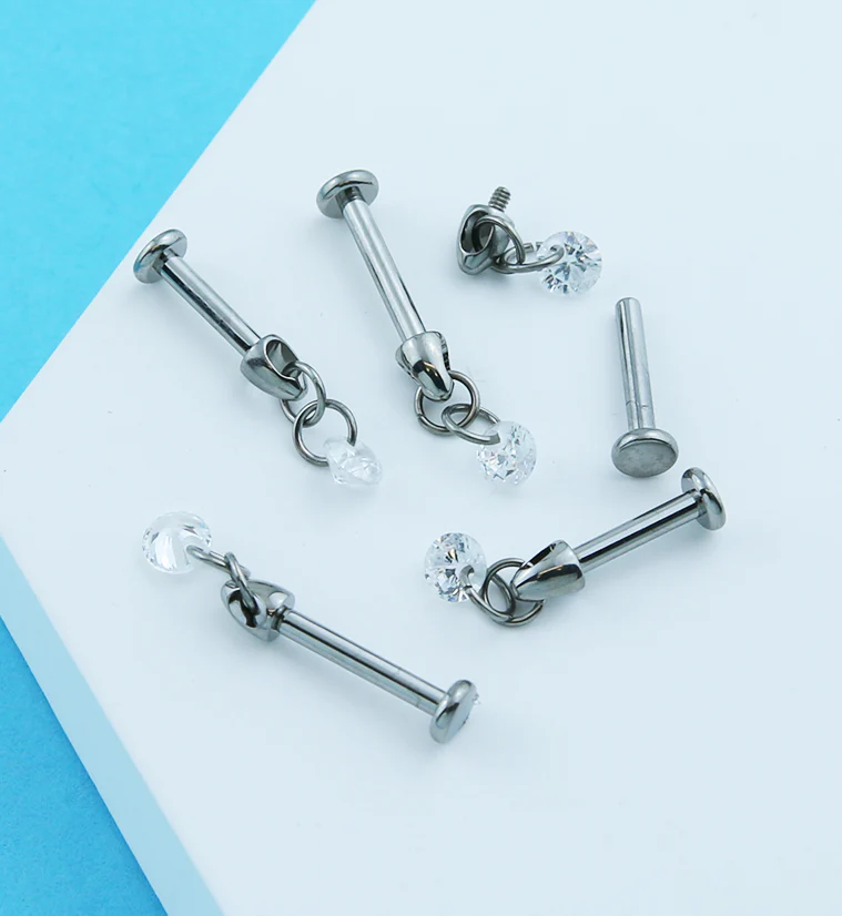 Dangle Clear CZ Charm Internally Threaded Titanium Labret - Image 2