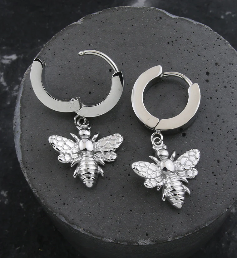Dangling Bee Stainless Steel Hoop Huggie Earrings - Image 2