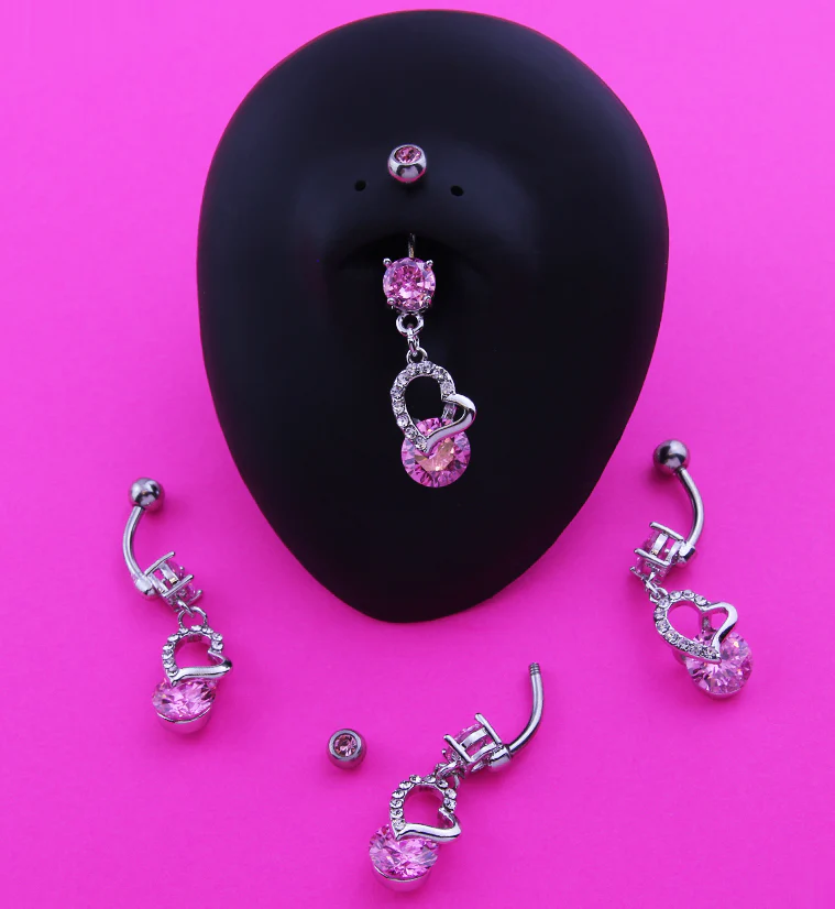 Dangling Heart Pink CZ Stainless Steel Belly Button Ring - Image 2