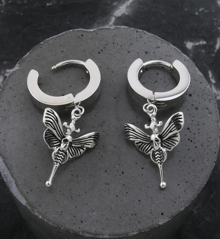 Death Moth Stainless Steel Hoop Huggie Earrings - Image 2