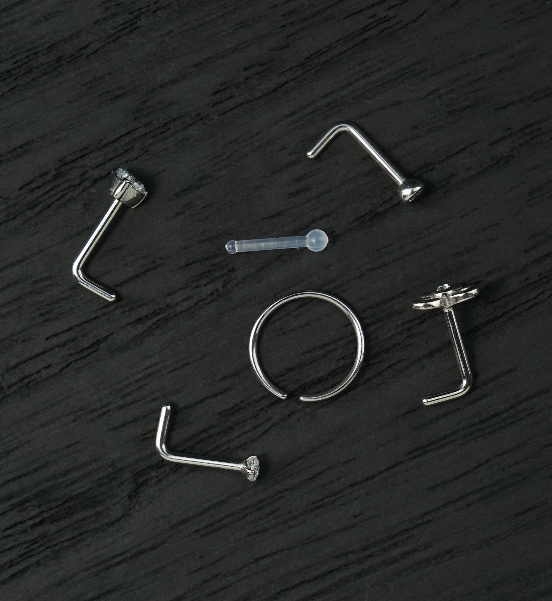 Demure Clear CZ Stainless Steel L Bend/Stud/Hoop Variety Nose Ring Pack (6 pc)