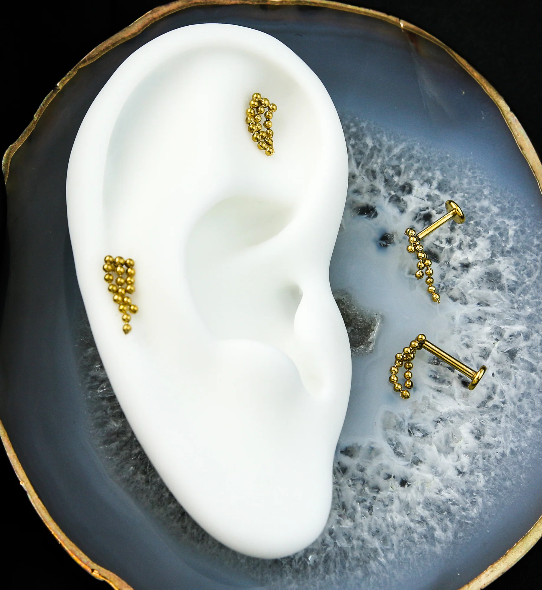 Descend Triple Beaded Dangle Internally Threaded Stainless Steel Labret (Right) - Image 2