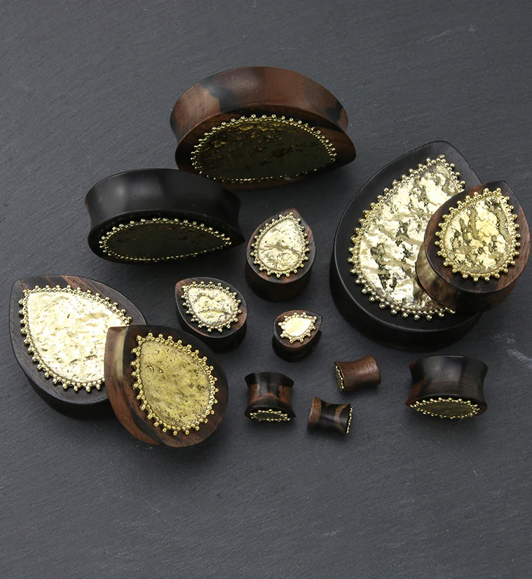 Doily Brass Inlay Areng Wood Teardrop Plugs - Image 2