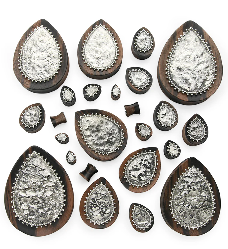 Doily White Brass Inlay Areng Wood Teardrop Plugs - Image 2