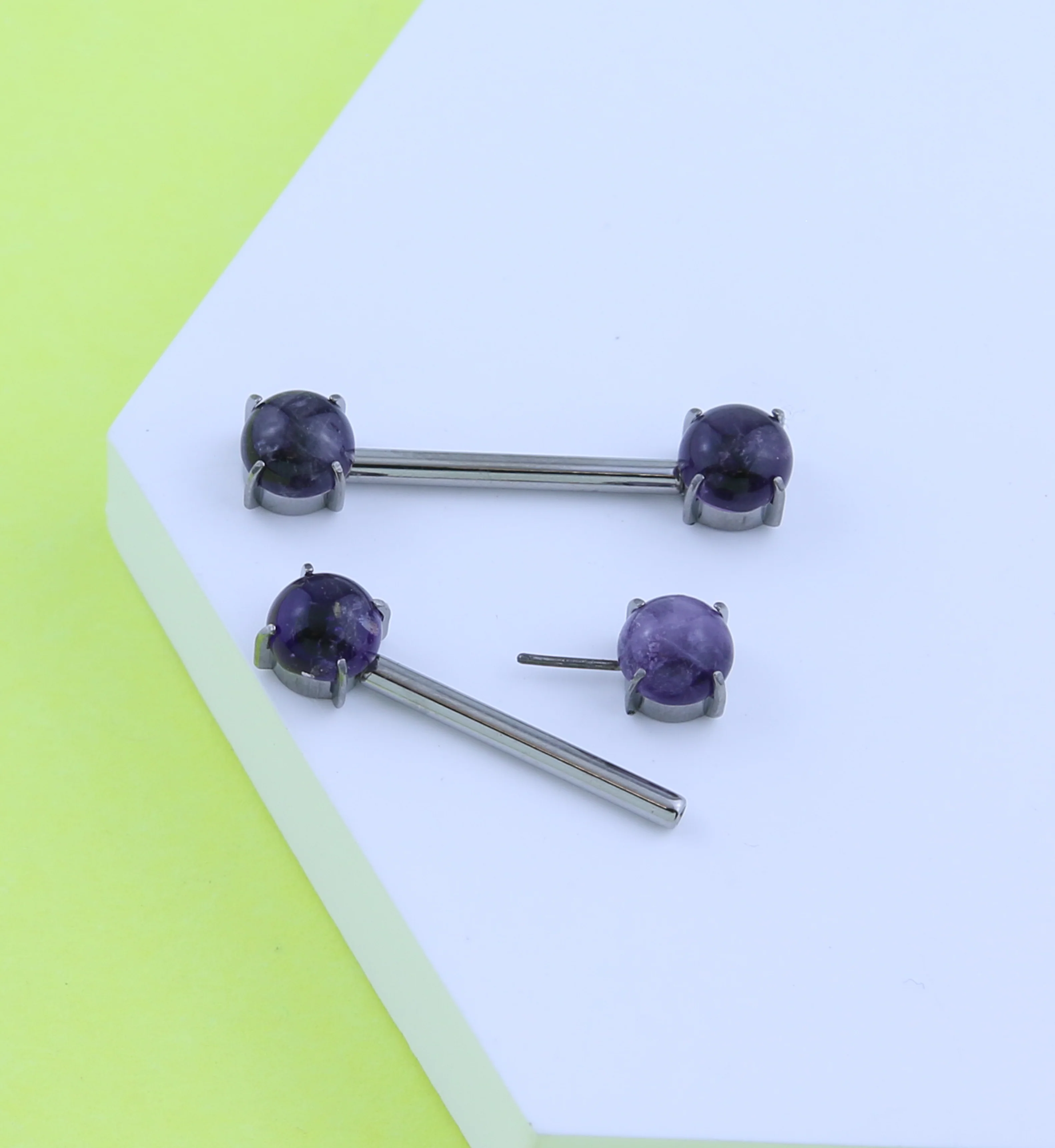Double Amethyst Stone Threadless Titanium Nipple Barbells - Image 2