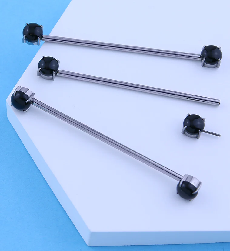 Double Black Obsidian Stone Threadless Titanium Industrial Barbell - Image 2
