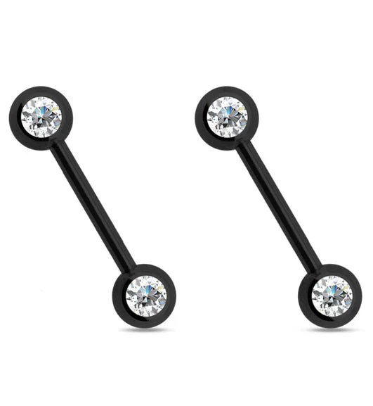 Double CZ Gem Black Nipple Ring Barbell
