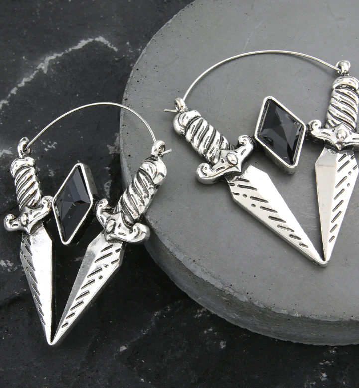 Double Dagger Black CZ Stainless Steel Plug Hoops - Image 2