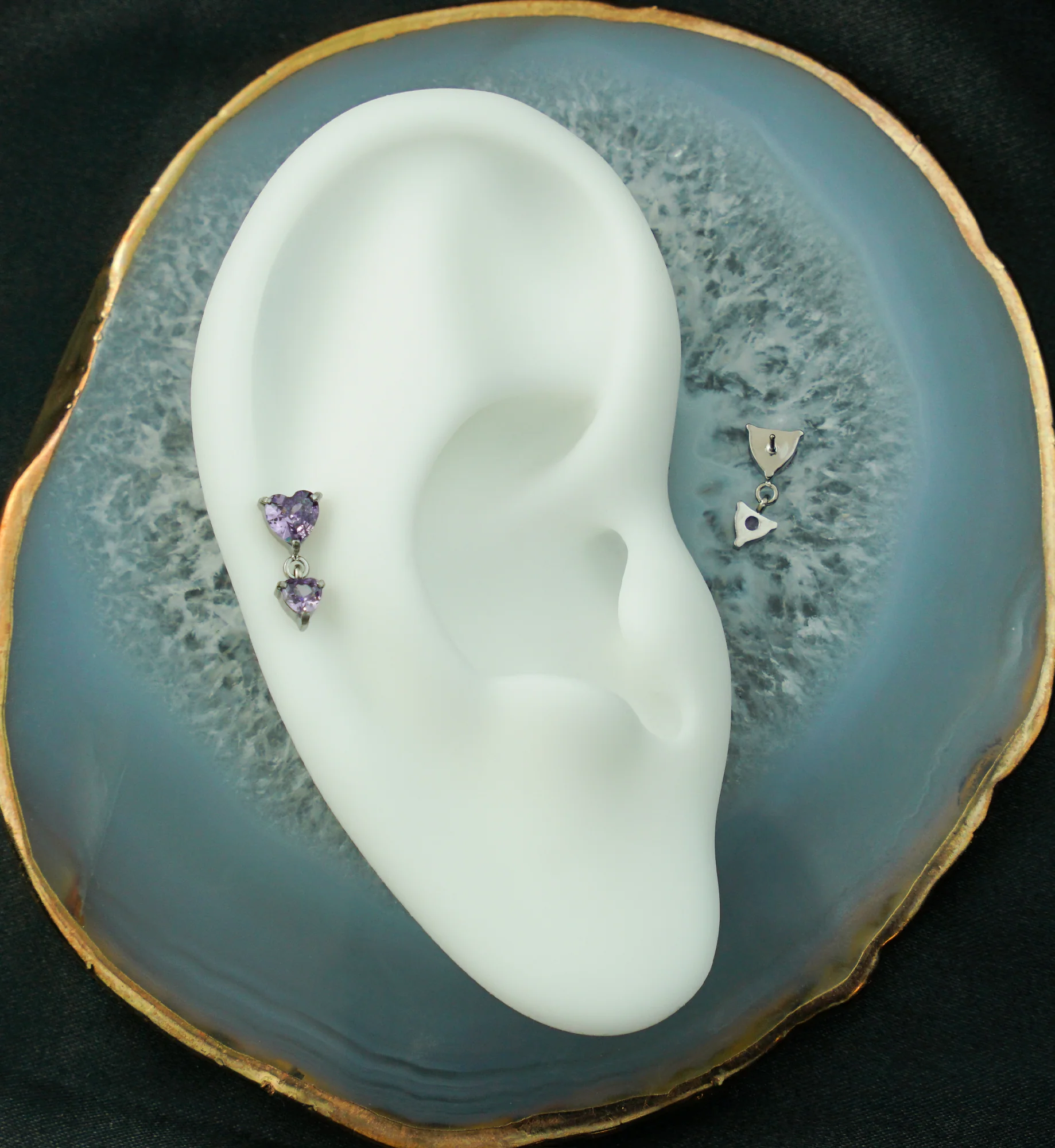 Double Heart Amethyst CZ Dangle Titanium Threadless Top - Image 2