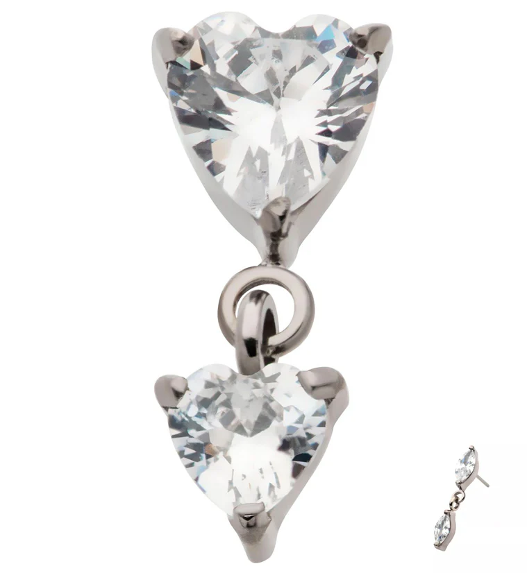 Double Heart Dangle CZ Threadless Titanium Top