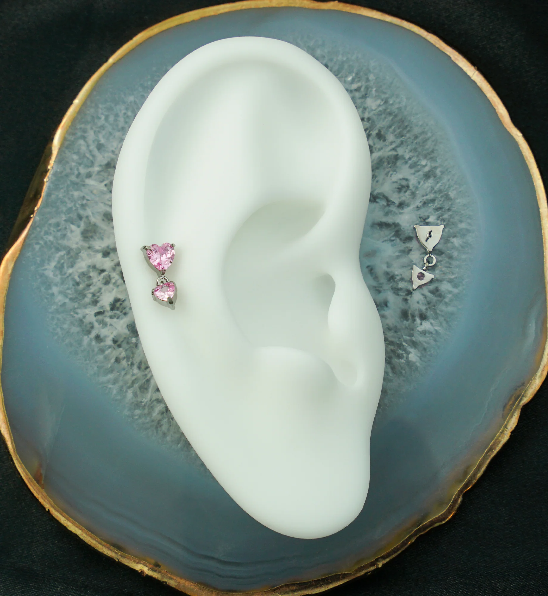 Double Heart Pink CZ Dangle Titanium Threadless Top - Image 2
