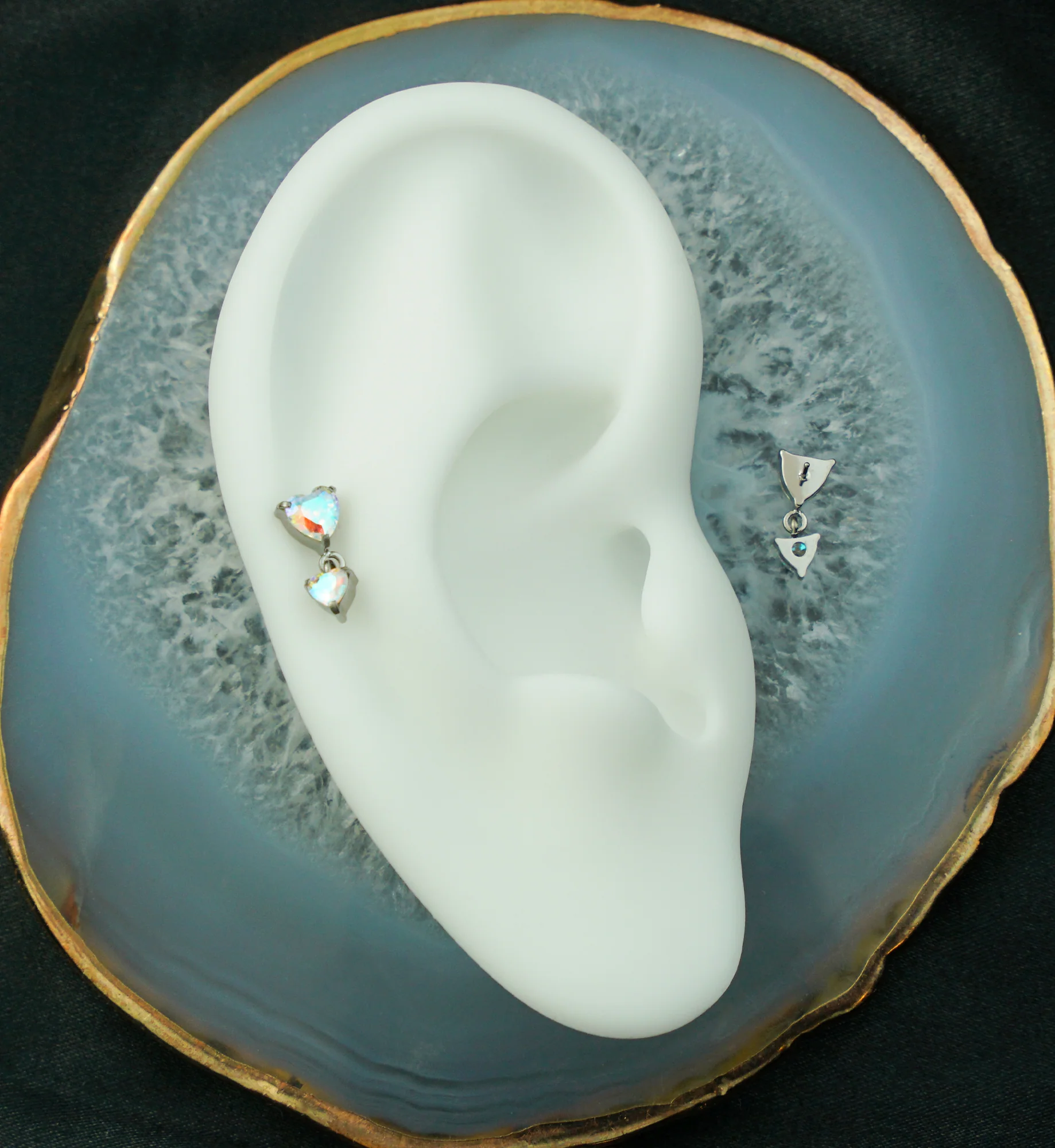 Double Heart Rainbow Aurora CZ Dangle Titanium Threadless Top - Image 2