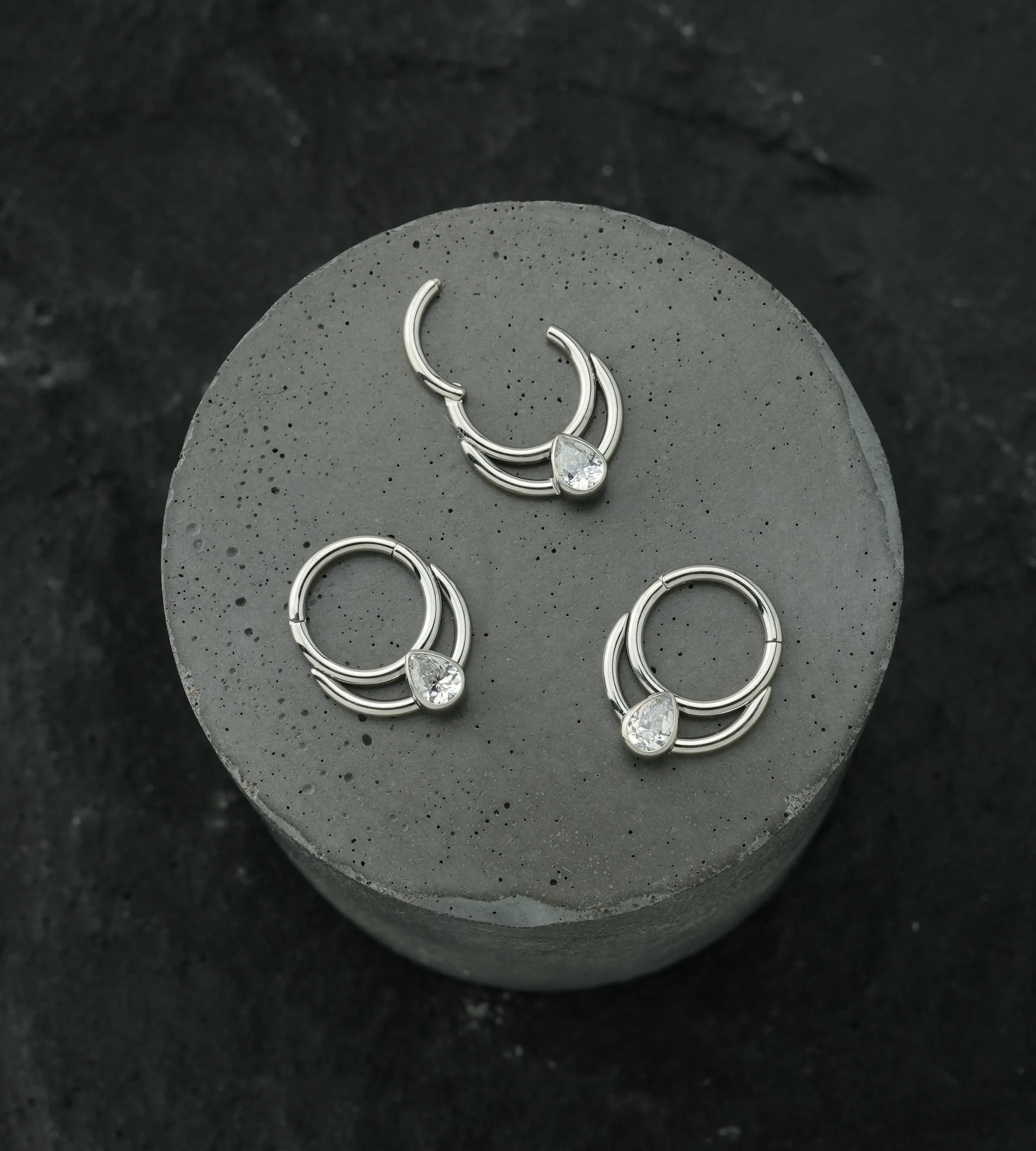 Double Hoop Teardrop Clear CZ Stainless Steel Hinged Segment Ring - Image 2