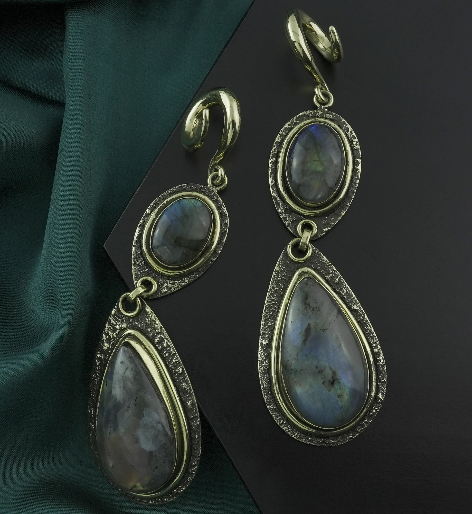 Double Labradorite Stone Hanging Brass Ear Weights - Image 2