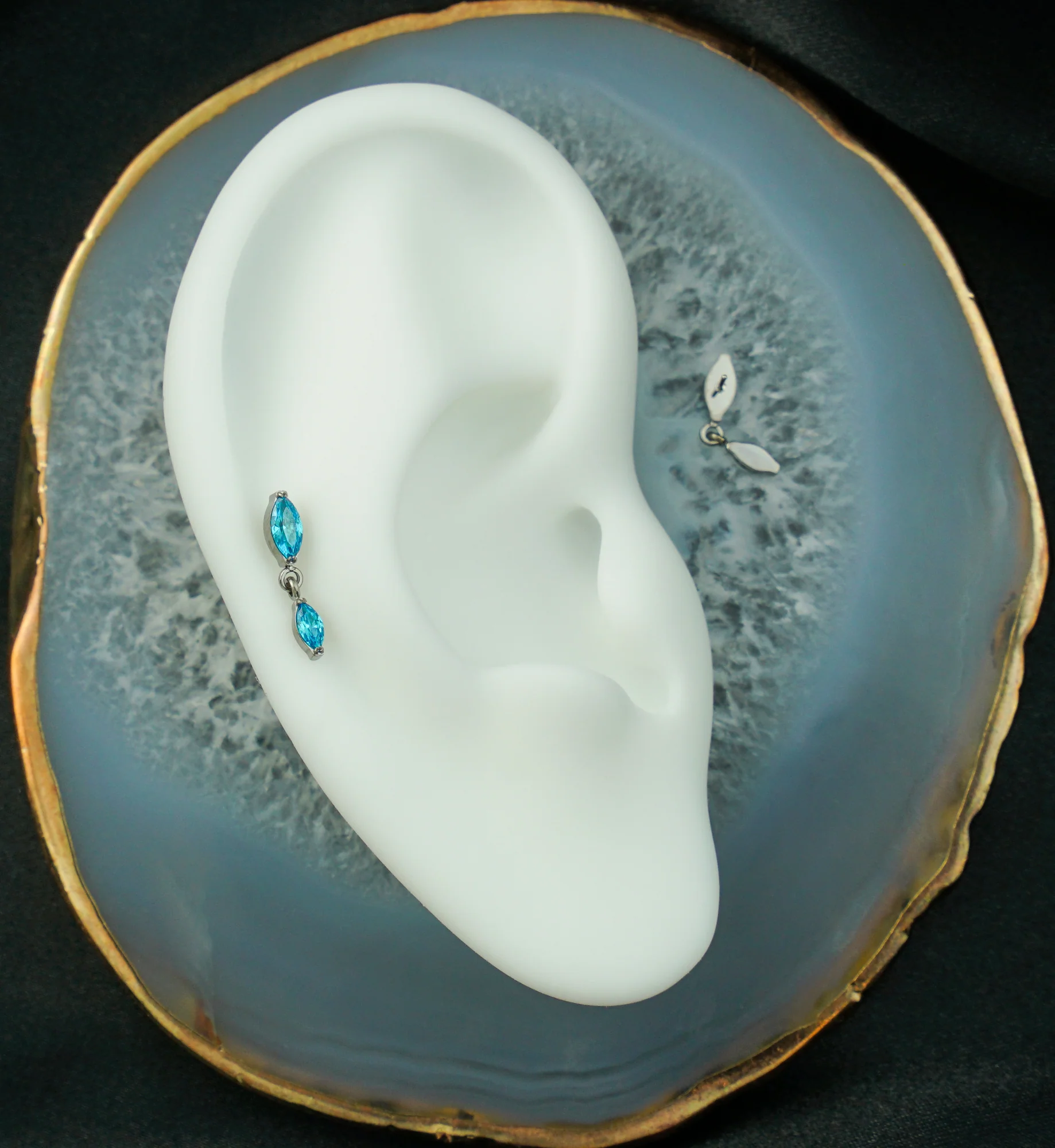 Double Marquise Blue Topaz CZ Dangle Titanium Threadless Top - Image 2