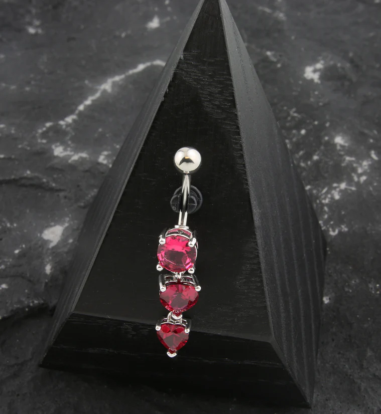 Double Pink Heart CZ Dangle Stainless Steel Belly Button Ring - Image 2