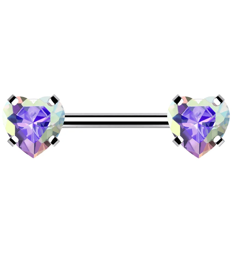 Double Rainbow Aurora Heart CZ Stainless Steel Threadless Barbell