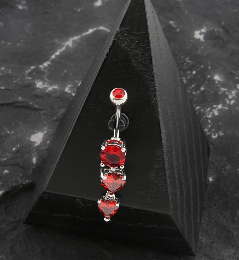 Double Red Heart CZ Dangle Stainless Steel Belly Button Ring - Image 2