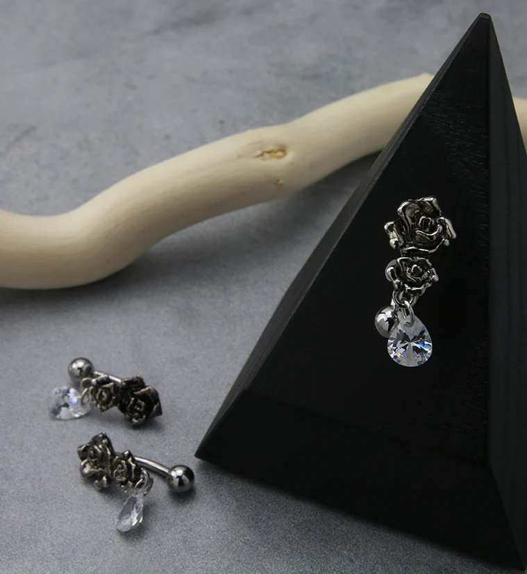Double Rosebud Teardrop Dangle Belly Button Ring - Image 2