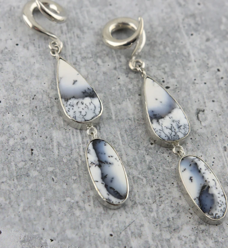 Double Teardrop Oval Dendritic Opal Stone Ear Weights - Image 2