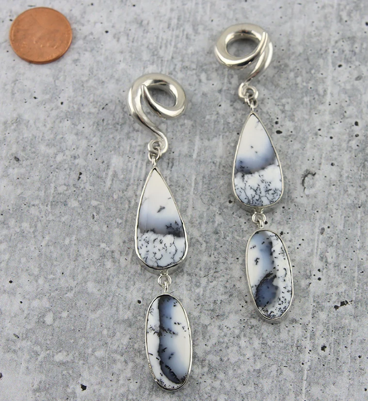 Double Teardrop Oval Dendritic Opal Stone Ear Weights - Image 3