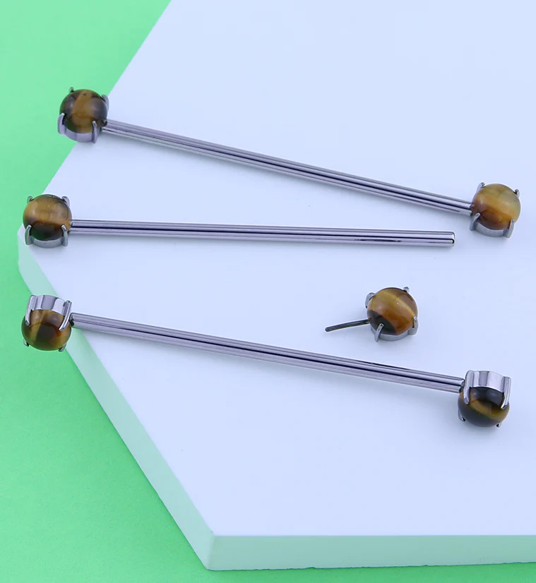 Double Tigers Eye Stone Threadless Titanium Industrial Barbell - Image 2