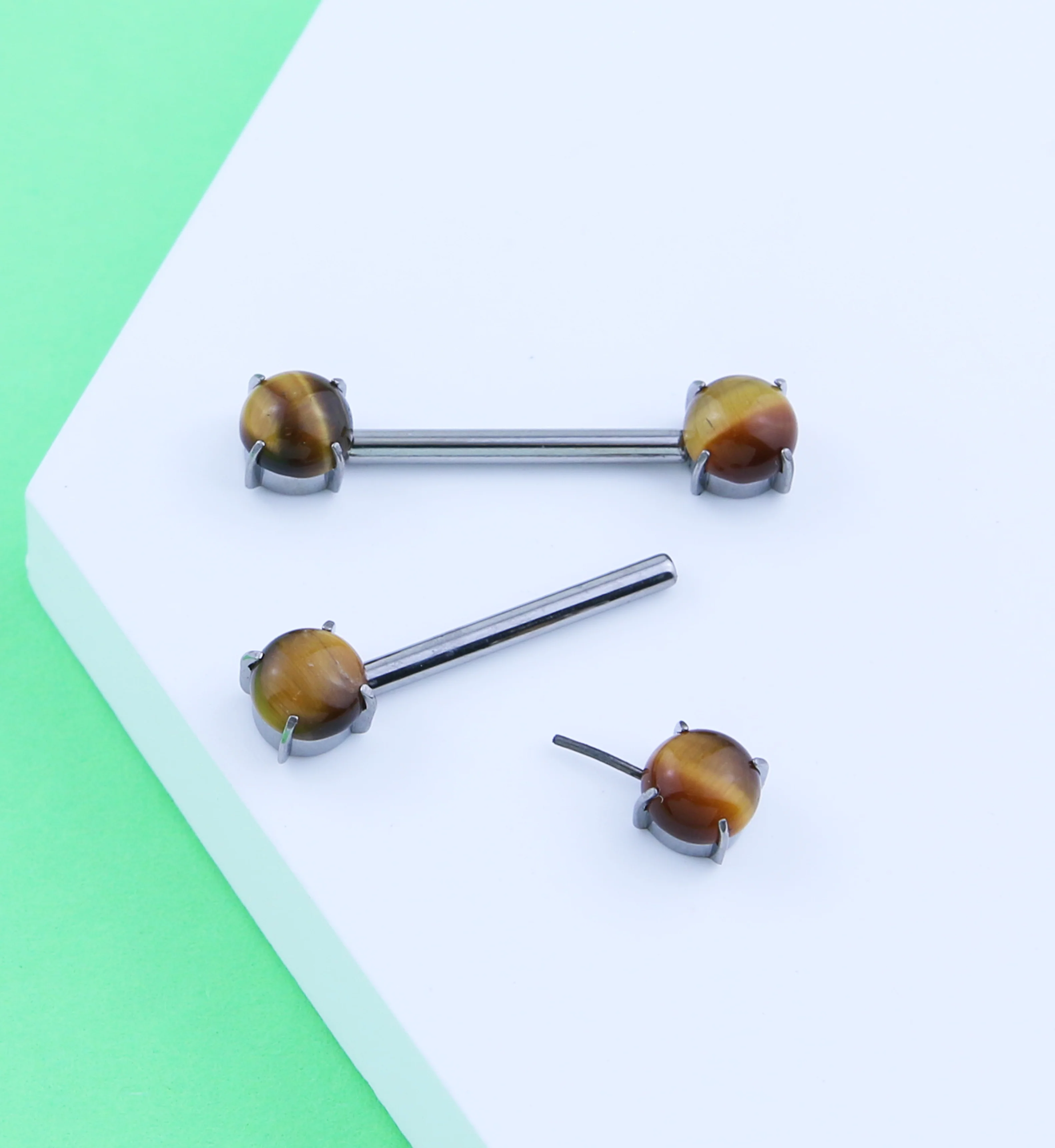 Double Tigers Eye Stone Threadless Titanium Nipple Barbells - Image 2