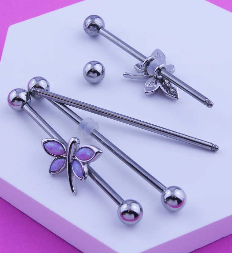 Dragonfly Pink Opalite Stainless Steel Industrial Barbell - Image 2