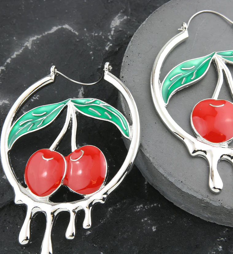 Dripping Cherries Stainless Steel Plug Hoops - Image 2