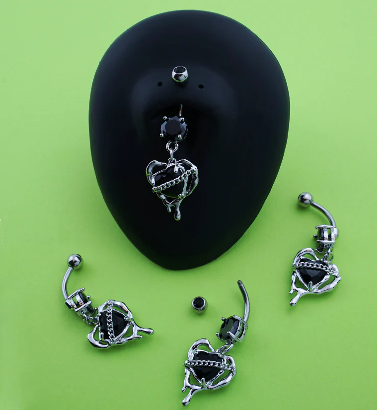 Dripping Heart Black CZ Dangle Stainless Steel Belly Button Ring - Image 2