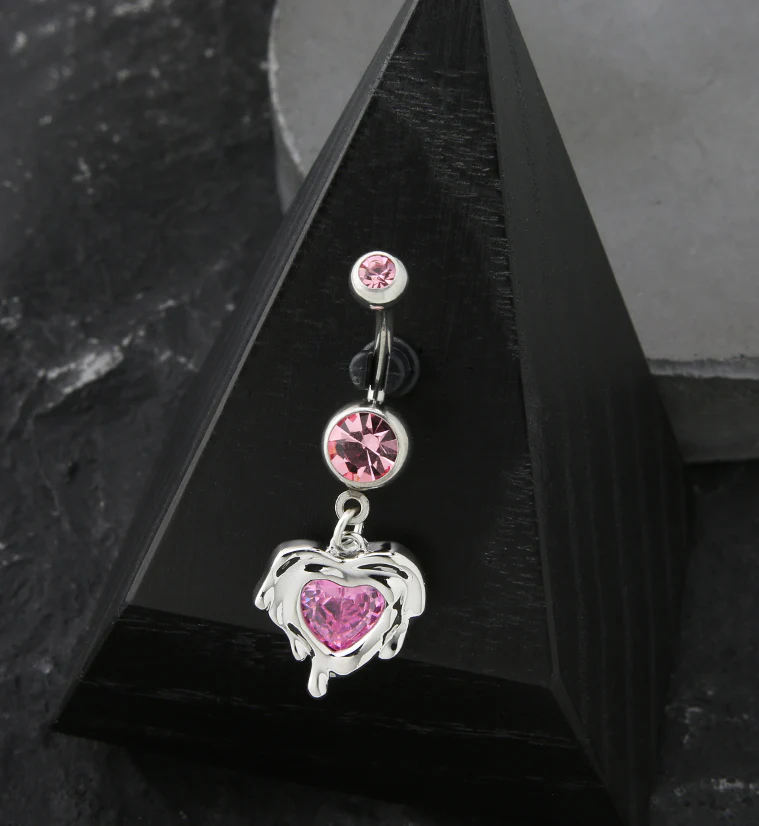 Dripping Heart Dangle Pink CZ Stainless Steel Belly Button Ring - Image 2