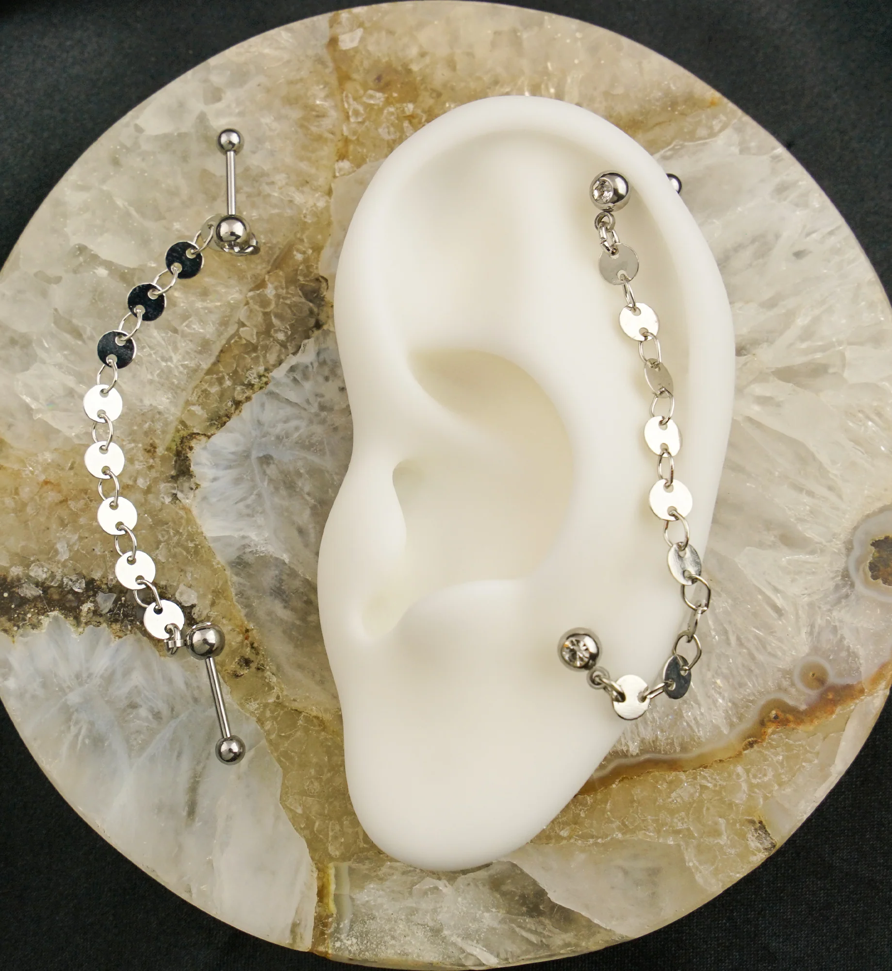 Dual Barbell Clear CZ Stainless Steel Flat Disk Link Piercing Chain - Image 2