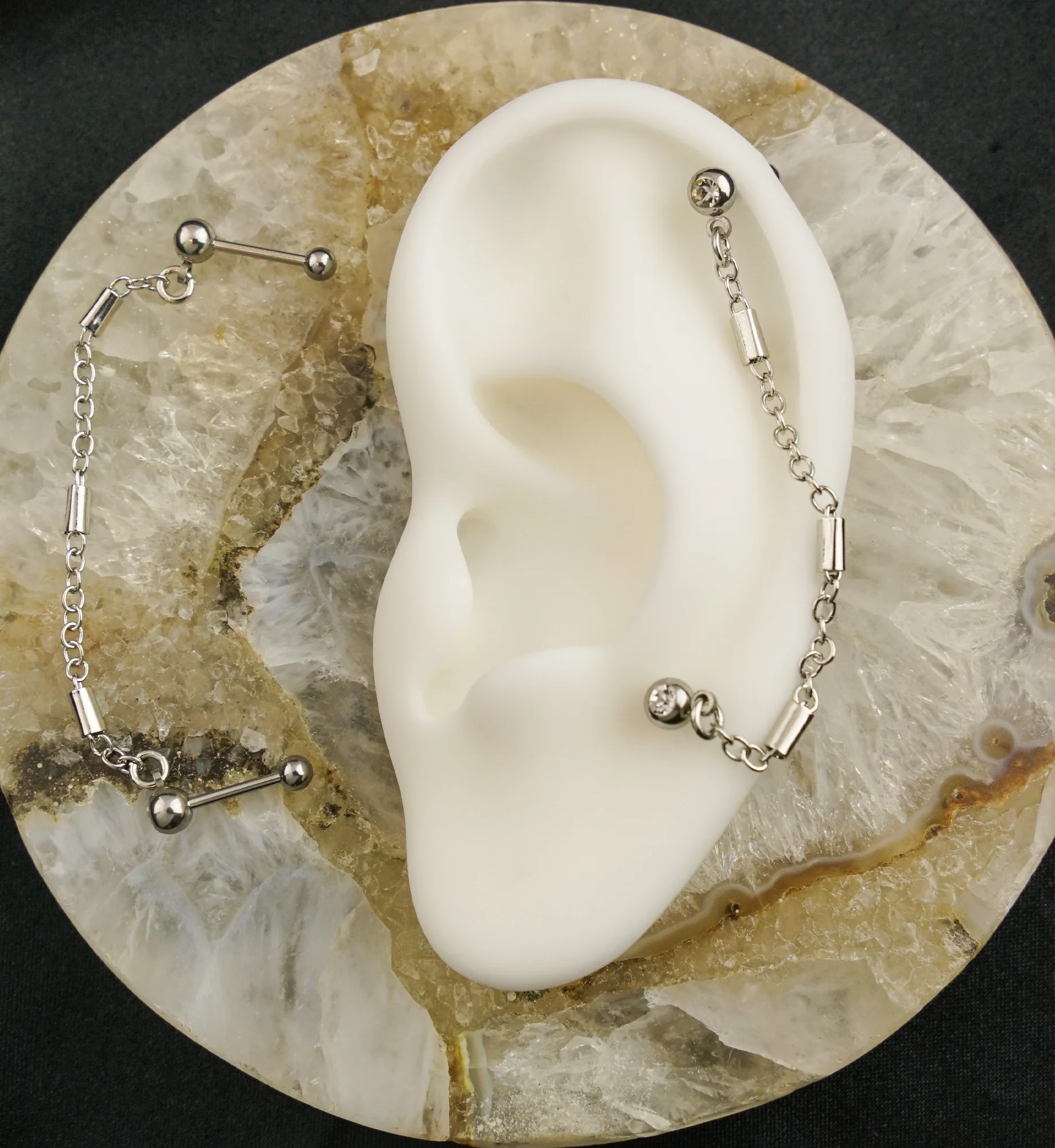 Dual Barbell Clear CZ Stainless Steel Link Piercing Chain - Image 2