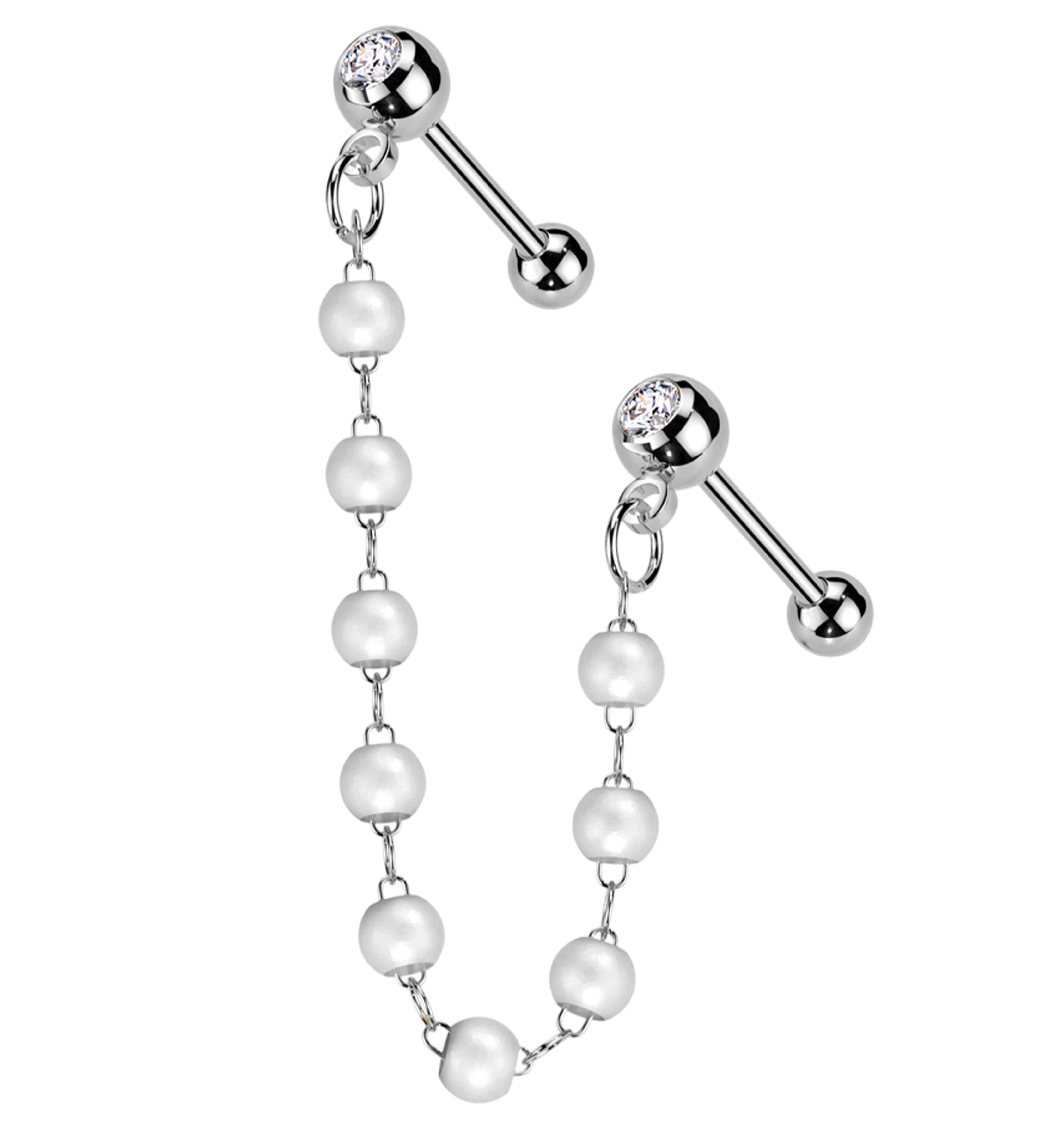 Double Barbell Clear CZ Stainless Steel Pearl Piercing Chain