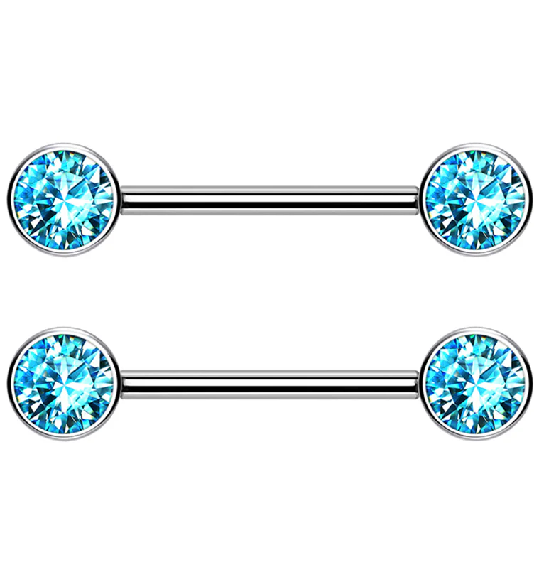 Dual Bezel Aqua CZ Titanium Threadless Nipple Ring Barbell