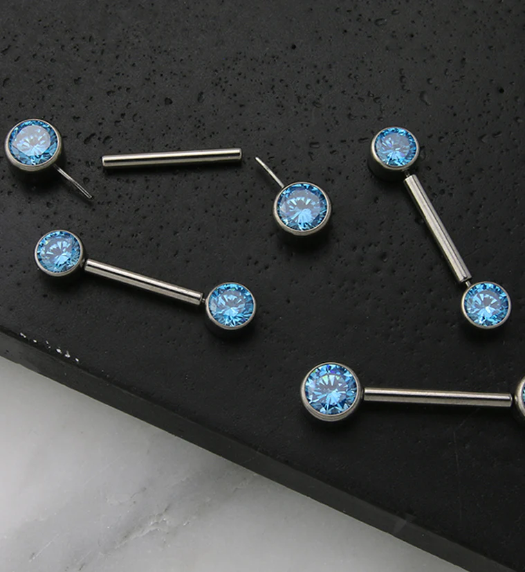 Dual Bezel Aqua CZ Titanium Threadless Nipple Ring Barbell - Image 2