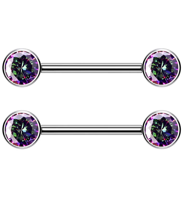 Dual Bezel Black Aurora CZ Titanium Threadless Nipple Ring Barbell