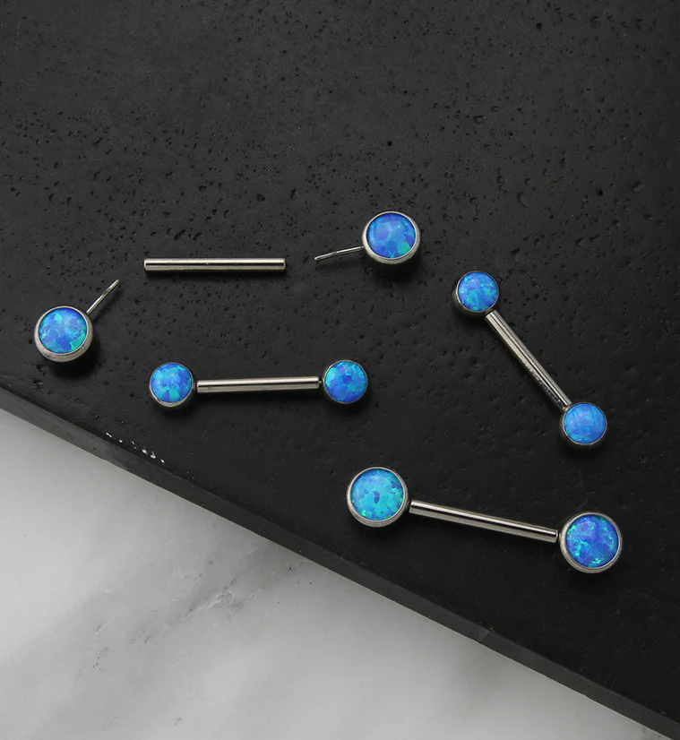 Dual Bezel Blue Opalite Titanium Threadless Nipple Ring Barbell - Image 2