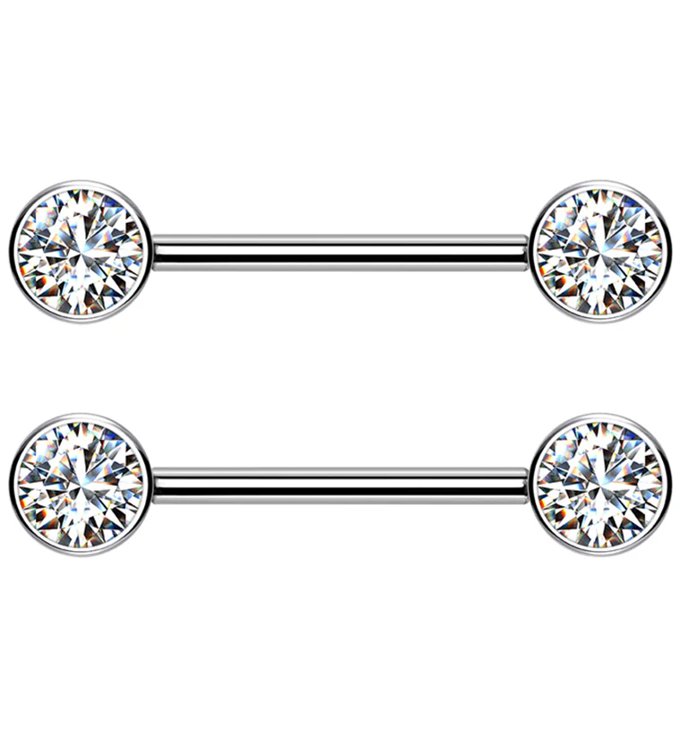 Dual Bezel CZ Titanium Threadless Nipple Ring Barbell