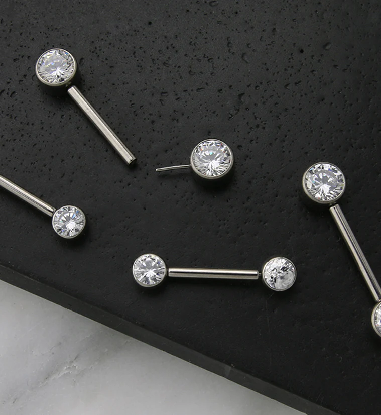 Dual Bezel CZ Titanium Threadless Nipple Ring Barbell - Image 2