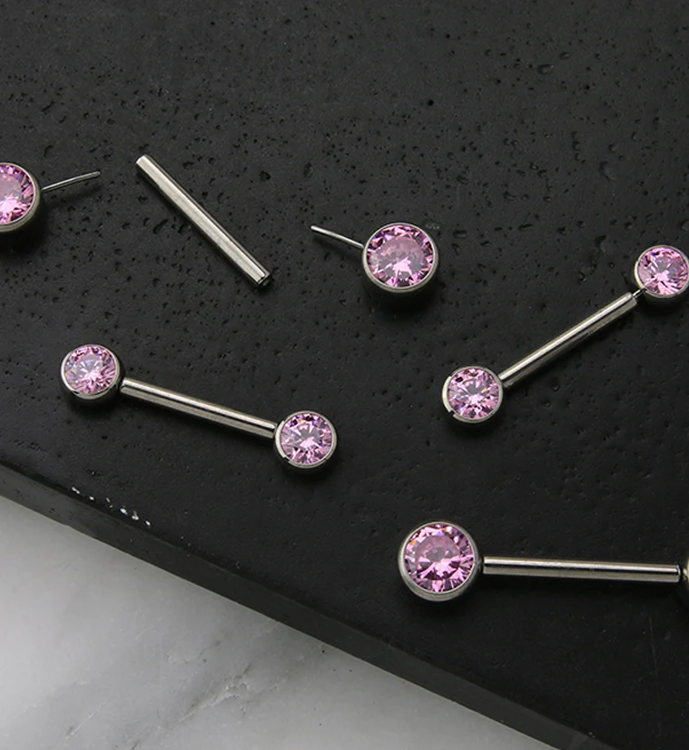 Dual Bezel Pink CZ Titanium Threadless Nipple Ring Barbell - Image 2