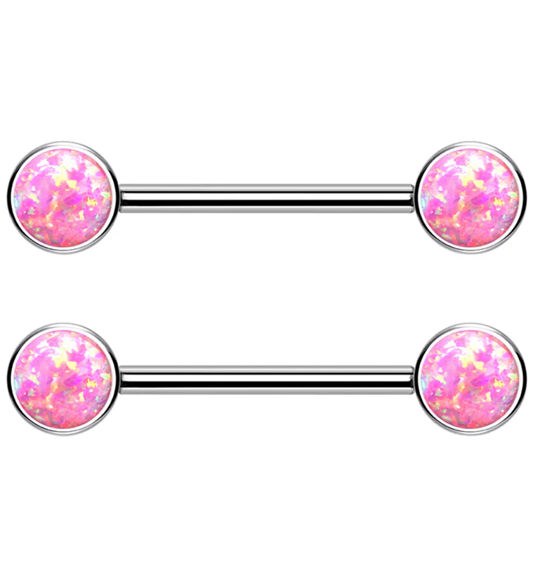 Dual Bezel Pink Opalite Titanium Threadless Nipple Ring Barbell