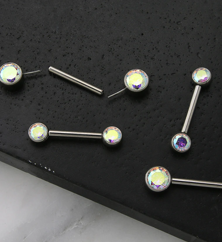 Dual Bezel Rainbow Aurora CZ Titanium Threadless Nipple Ring Barbell - Image 2