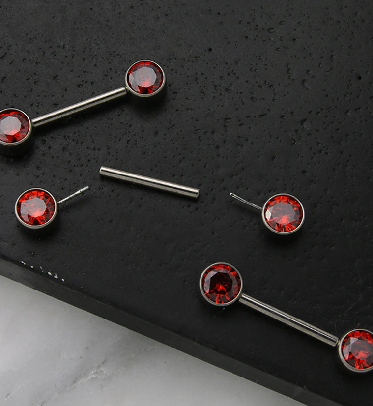 Dual Bezel Red CZ Titanium Threadless Nipple Ring Barbell - Image 2