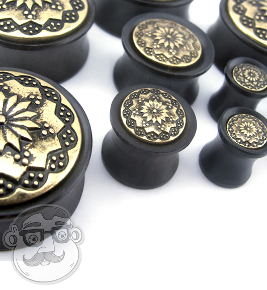 Ebony Wood Plugs With Brass Tribal Blossom Inlay - Image 5
