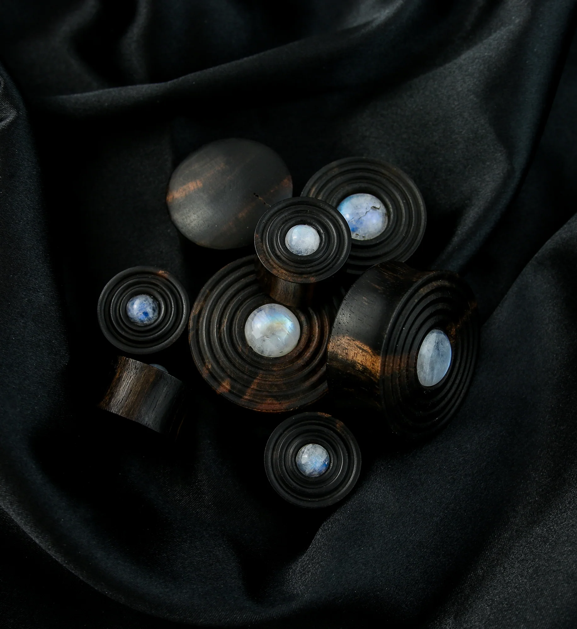 Ecliptic Areng Wood Plugs With Grade AA Moonstone Inlay - Image 2