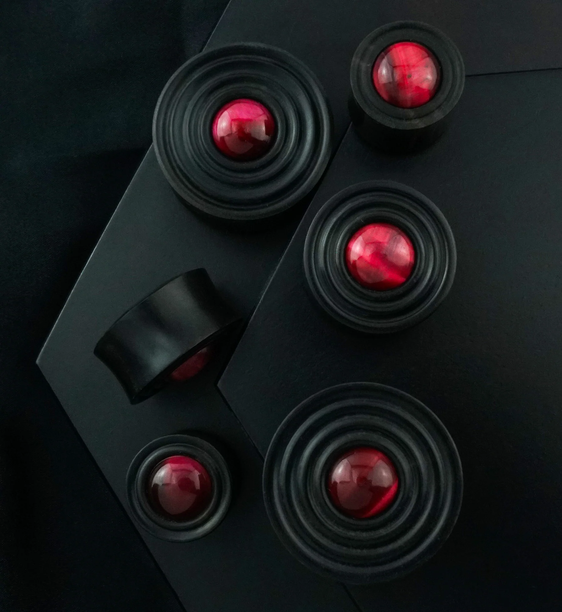 Ecliptic Red Tiger Eye Stone Areng Wood Double Flare Plugs - Image 2